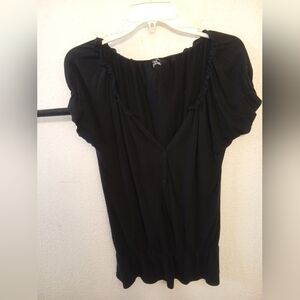 a.n.a A New Approach Black Knit Peasant Blouse Ruffle Henley Top Size Medium